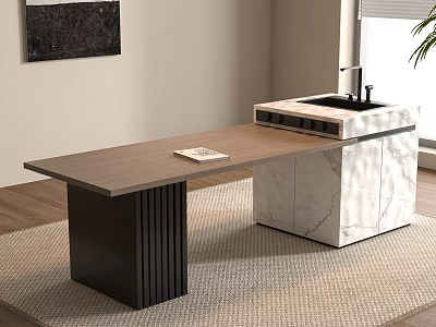 Modern Bar Counter With Wooden Top Black Support Legs Marble Sink Area And Notebook 3d model