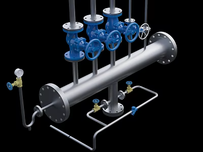 Industrial Pipeline Equipment With Blue Valves Stainless Steel Pipes And Pressure Gauges 3d model