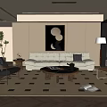 Modern Living Room Interior With Beige Sofa Coffee Table And Decorative Art Rug