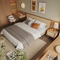 Cozy Natural Bedroom with Wooden Wardrobes Bed Pillows Bedside Lamp and Wall Art