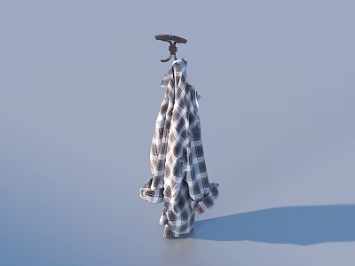 Gray And White Plaid Shirt Hanging On Hanger Against Light Blue Background 3d model