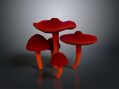 Vibrant Red Mushrooms with Orange Stems on Dark Glossy Background 3d model