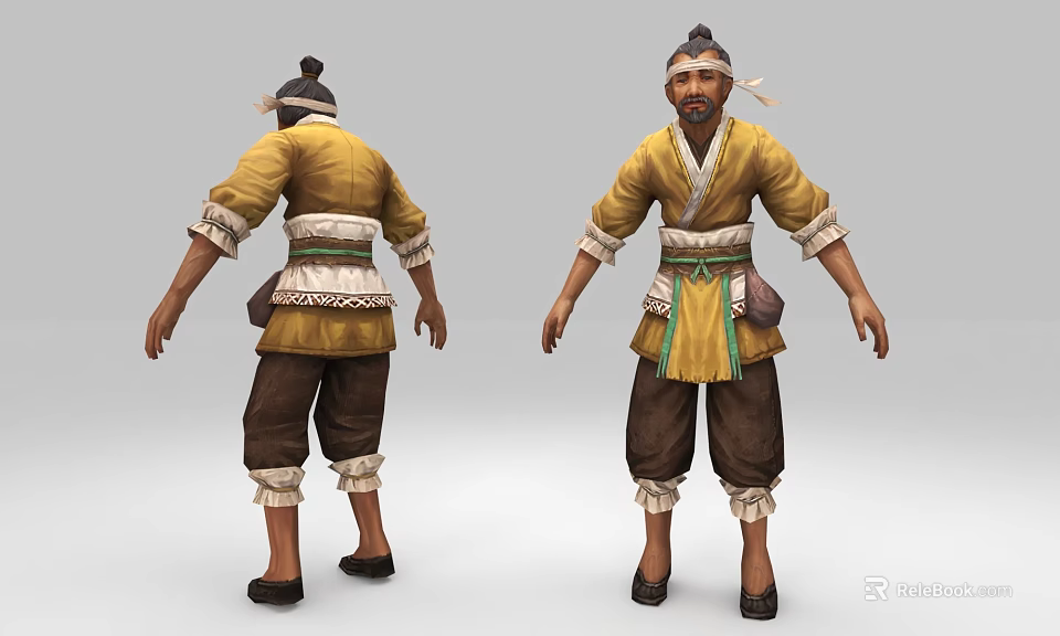 Traditional Male Character 3D Model In Yellow Top Brown Pants Green Belt Front Back Views 3d model 