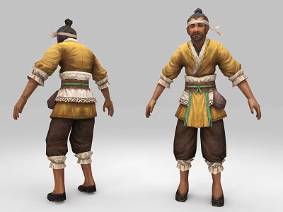Traditional Male Character 3D Model In Yellow Top Brown Pants Green Belt Front Back Views 3d model