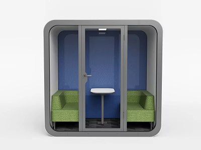 Public Facility Booth With Gray Frame Blue Interior Green Seats White Table Windows And Door 3d model