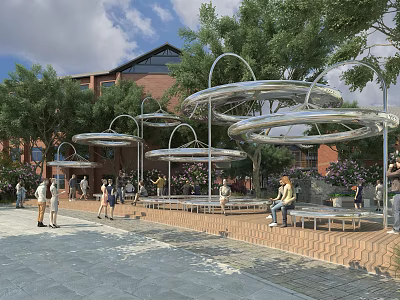 Modern Urban Public Leisure Landscape With Unique Circular Metal Shades Comfortable Seats And Lush Greenery 3d model