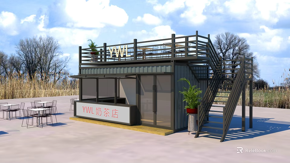 Shipping Container Building as Milk Tea Shop with Second Floor Balcony Railing Tables Chairs Plants 3d model 