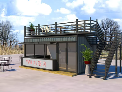 Shipping Container Building as Milk Tea Shop with Second Floor Balcony Railing Tables Chairs Plants 3d model