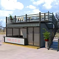 Shipping Container Building as Milk Tea Shop with Second Floor Balcony Railing Tables Chairs Plants