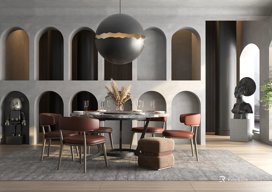 Modern Dining Table Set With Leather Chairs Pendant Light And Arched Wall Design 3d model