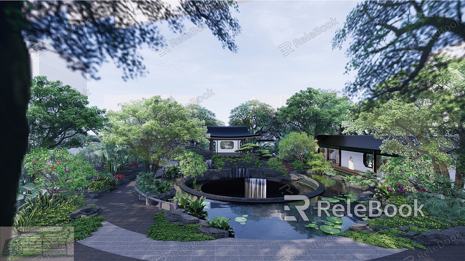 New Chinese Style Garden Landscape Lingnan Holiday Pavilion with Water Courtyard model