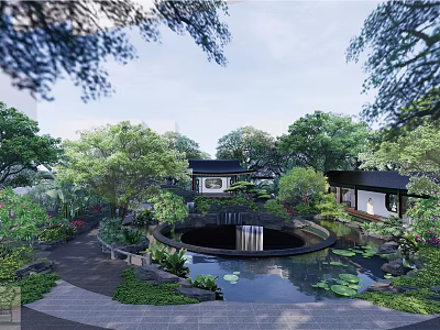 Traditional Courtyard Garden With Circular Pond Lotus Leaves Stone Path And Trees 3d model