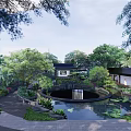 Traditional Courtyard Garden With Circular Pond Lotus Leaves Stone Path And Trees