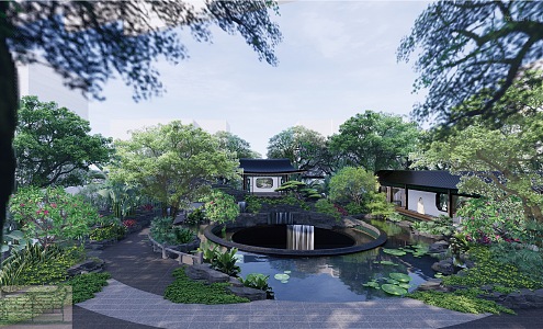 New Chinese Style Garden Landscape Lingnan Holiday Pavilion with Water Courtyard 3d model