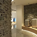 Stylish Luggage Store with Colorful Suitcases Yellow Blue White Stone Wall Decor and Bright Interior