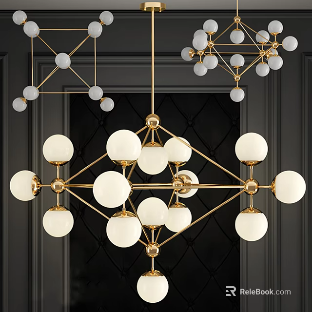 Modern Geometric Chandelier With Gold Frame And White Spherical Bulbs Hanging In Dark Room 3d model 
