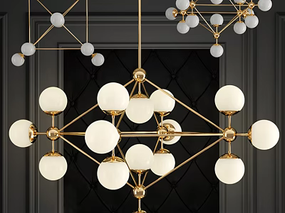 Modern Geometric Chandelier With Gold Frame And White Spherical Bulbs Hanging In Dark Room 3d model