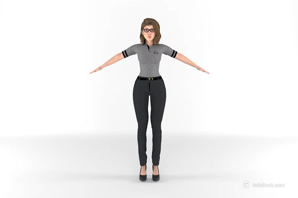 Woman In Gray Uniform Wearing Glasses With Arms Outstretched On White Background 3d model 