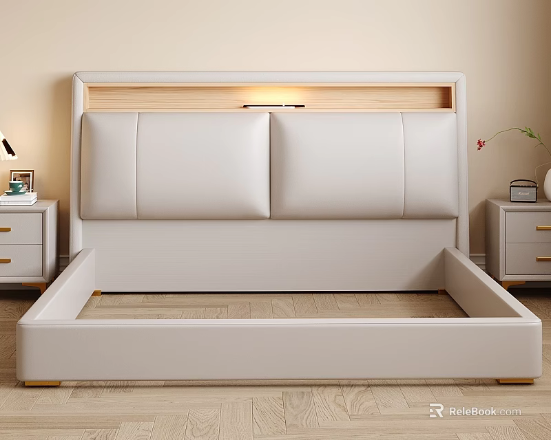 Modern Cream White Upholstered Double Bed With Built In Warm LED Light Padded Headboard 3d model 