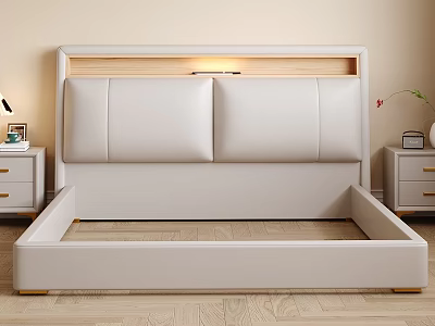 Modern Cream White Upholstered Double Bed With Built In Warm LED Light Padded Headboard 3d model