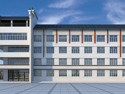 Modern Multi Story Office Building With White Exterior Dark Roof And Brown Window Frames 3d model