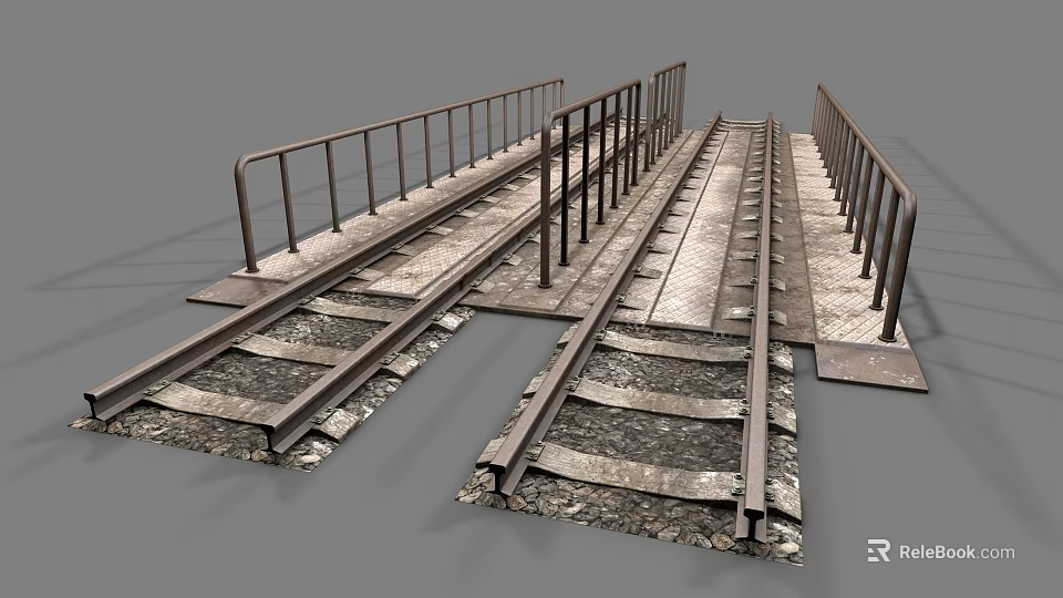 Detailed Railway Tracks with Metal Railings Gravel Bed and Junctions 3d model 