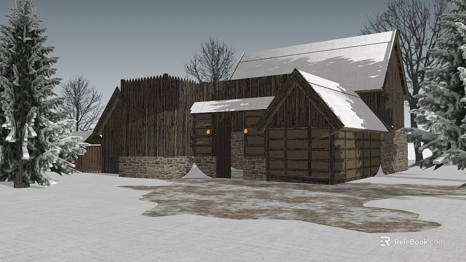 Snow Covered Wooden Detached Villa With Stone Walls Roof And Trees In Winter 3d model 