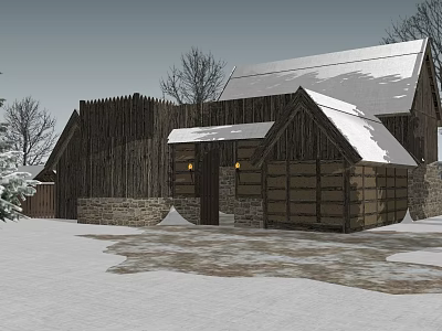 Snow Covered Wooden Detached Villa With Stone Walls Roof And Trees In Winter 3d model