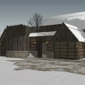 Snow Covered Wooden Detached Villa With Stone Walls Roof And Trees In Winter