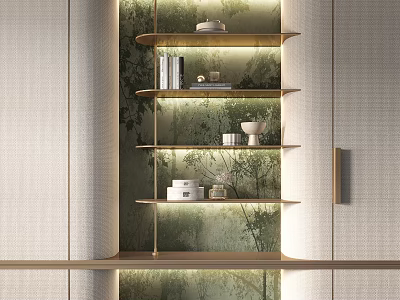 Elegant Modern Decorative Cabinet With Illuminated Shelves And Natural Bamboo Backdrop 3d model