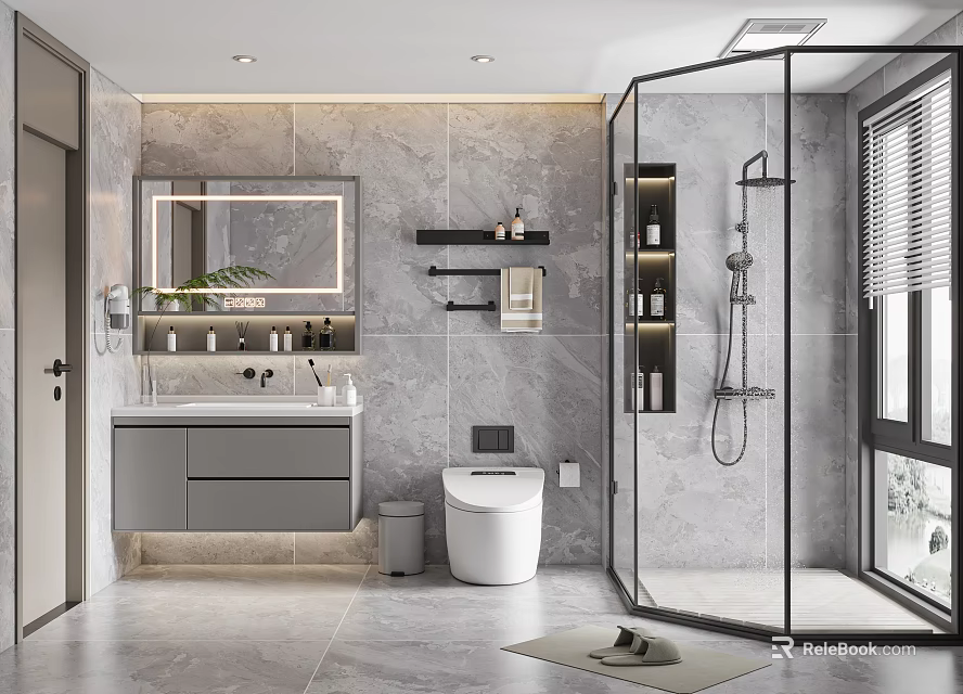 Modern Bathroom Interior With Grey Marble Walls Glass Shower Enclosure Smart Toilet And Vanity Mirror 3d model 