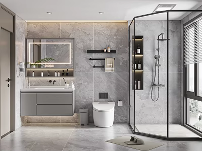 Modern Bathroom Interior With Grey Marble Walls Glass Shower Enclosure Smart Toilet And Vanity Mirror 3d model