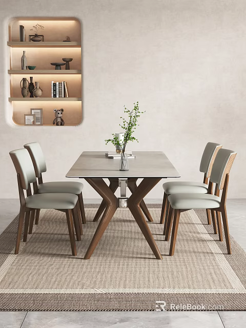 Modern Dining Table Set With Square Light Top Wooden Legs Four Chairs And Green Plant 3d model 