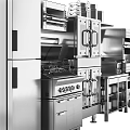 Stainless Steel Commercial Kitchen Equipment With Ovens Refrigerators Range Hoods And Utensils Like Pans Knives