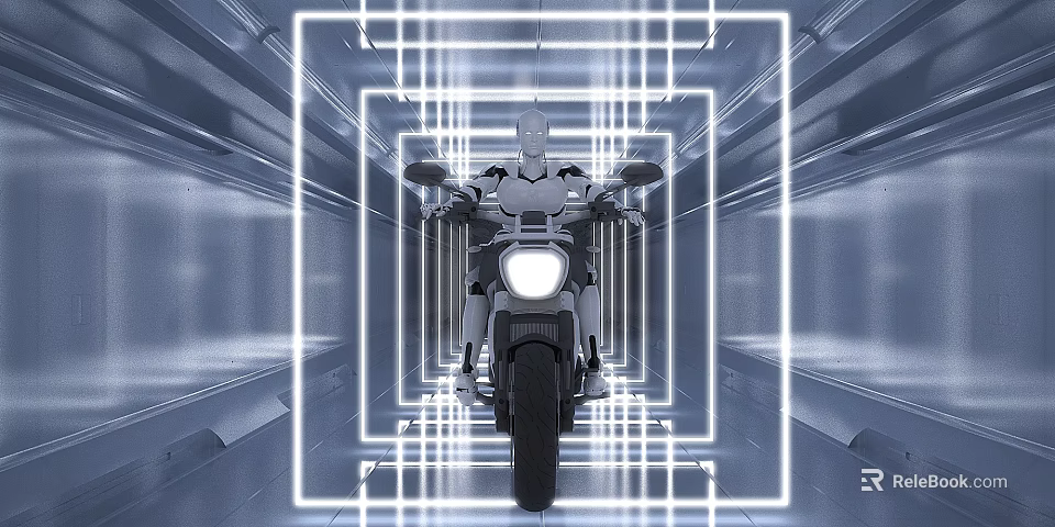 Cartoon Futuristic Scene With Robot Riding Motorcycle In Neon Glowing Frame 3d model 