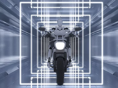 Cartoon Futuristic Scene With Robot Riding Motorcycle In Neon Glowing Frame 3d model