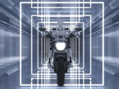 Cartoon Futuristic Scene With Robot Riding Motorcycle In Neon Glowing Frame 3d model