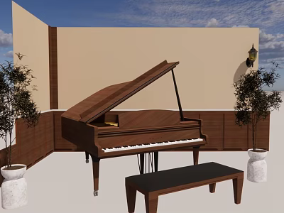 Elegant Wooden Grand Piano With Matching Bench Potted Trees Against Wall Under Blue Sky 3d model