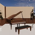 Elegant Wooden Grand Piano With Matching Bench Potted Trees Against Wall Under Blue Sky