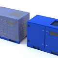 Blue Industrial Equipment Units With Metal Enclosures Vents And Control Panels