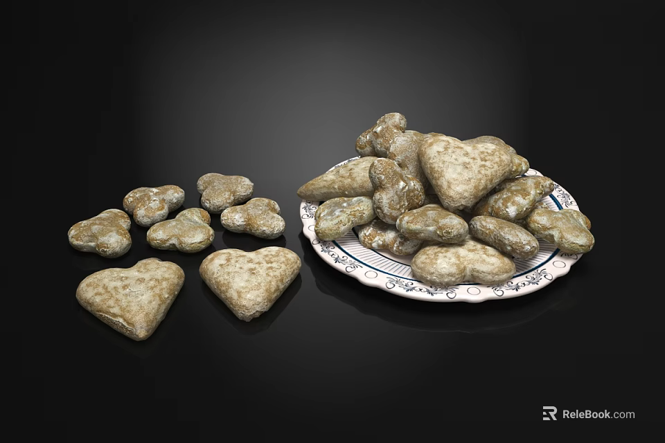 Heart Shaped Cookies on White Decorative Plate with Scattered Pieces 3d model 