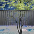 Modern Feature Wall Design With Vertical Slats Greenery And People Walking 3d model