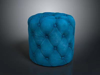 Elegant Blue Velvet Tufted Round Ottoman with Soft Texture and Button Design 3d model