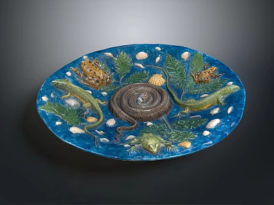 Blue Decorative Plate Featuring Snake Lizards Reptile Design Leaves And Shells 3d model