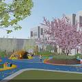 Colorful Playground With Yellow Play Structure Children Playing Green Lawn And Purple Flowering Trees