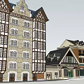 Traditional Commercial Street With Brick Facade And Tudor Style Roofs And Storefronts