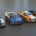 Row of Custom Modified Sports Cars With Various Colors And Flame Designs