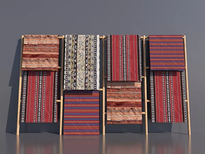 Multi tiered Wooden Display Shelves Showcasing Colorful Striped And Patterned Fabrics With Diverse Designs 3d model