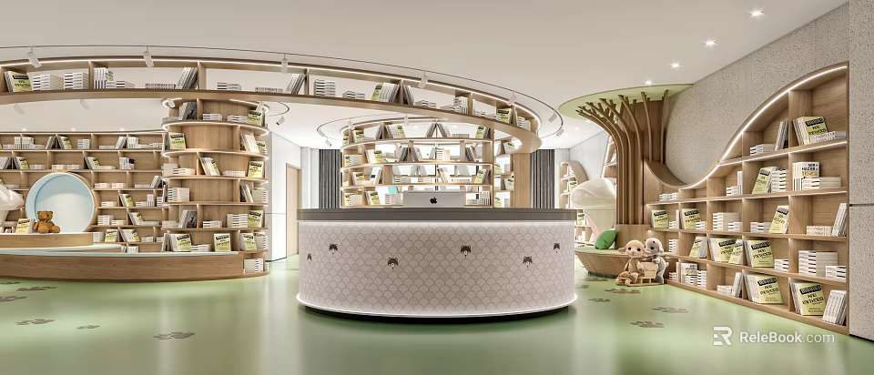 Children's Library Art Design With Curved Desk And Bookshelves 3d model 