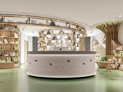 Children's Library Art Design With Curved Desk And Bookshelves 3d model